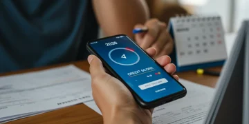 Pessoa analisando score de crédito em 2026, com documentos e calendário ao fundo, representando a importância da atualização cadastral para a pontuação.