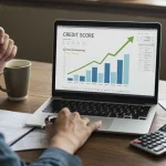 Pessoa analisando um gráfico de score de crédito ascendente em um laptop, com documentos e calculadora na mesa, representando planejamento financeiro.