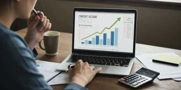 Pessoa analisando um gráfico de score de crédito ascendente em um laptop, com documentos e calculadora na mesa, representando planejamento financeiro.