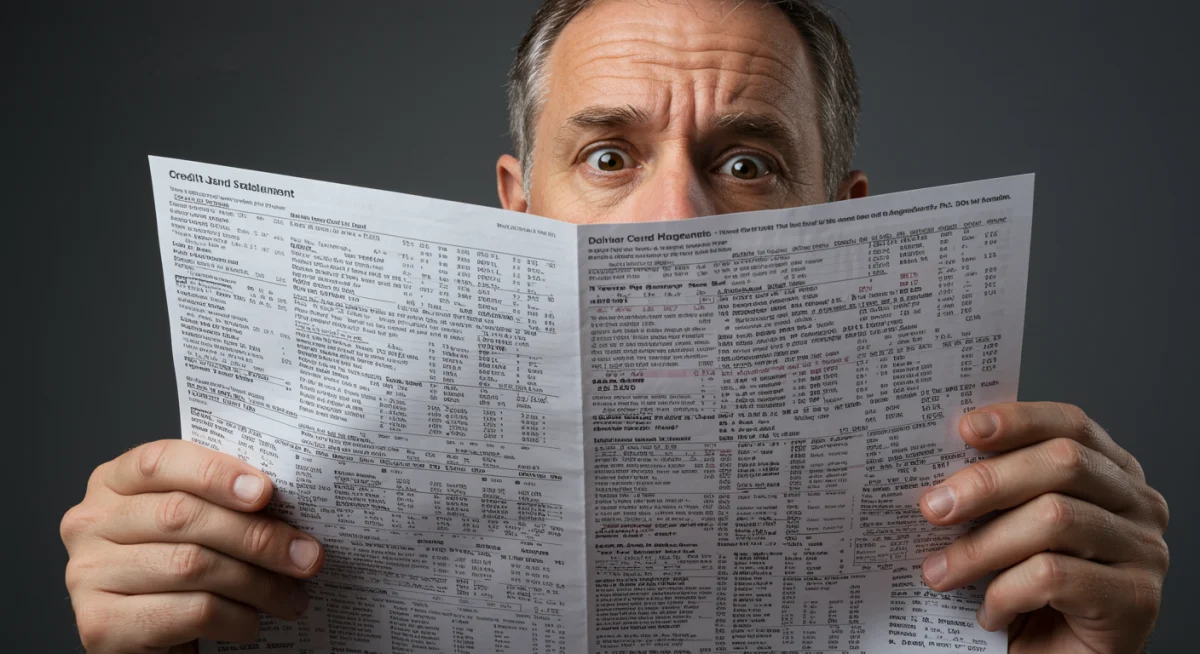 Pessoa confusa analisando extrato de cartão de crédito com novas condições.