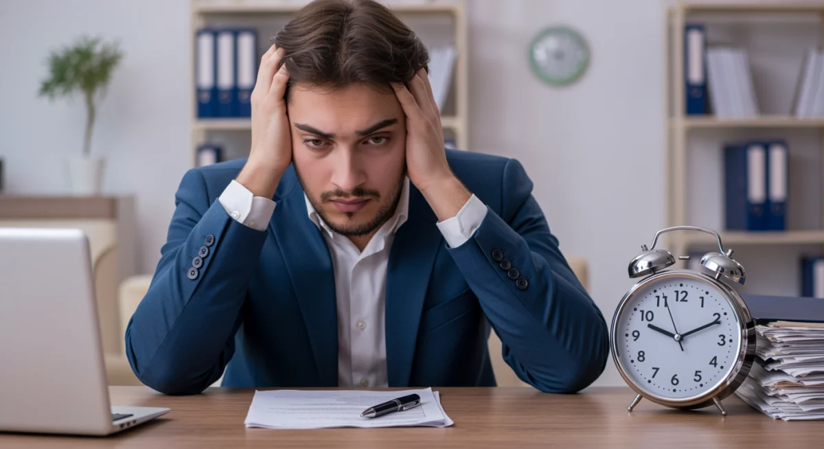 Pessoa estressada analisando documentos financeiros com um relógio, representando a espera prolongada por aprovação de financiamento.