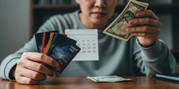 Pessoa estressada segurando cartões de crédito e uma conta, com um calendário de 2026 ao fundo, ilustrando erros financeiros.