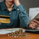 Pessoa estressada olhando dívidas de cartão de crédito e buscando soluções financeiras para 2026.