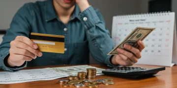 Pessoa estressada olhando dívidas de cartão de crédito e buscando soluções financeiras para 2026.