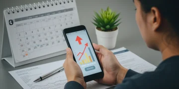Pessoa observando gráfico de score de crédito positivo em smartphone, com calendário de três meses ao fundo e documentos financeiros.