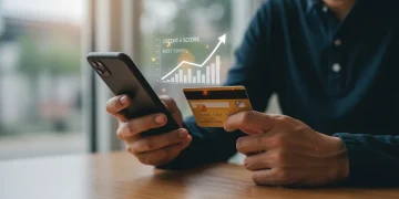 Pessoa analisando o score de crédito em um smartphone, segurando um cartão de crédito, simbolizando o uso consciente para uma pontuação elevada.
