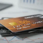 Pilha de cartões de crédito com destaque para um cartão com o selo de 5% de cashback e a data 2026 ao fundo.