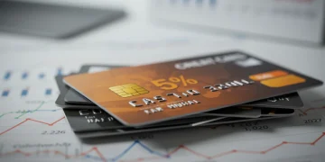 Pilha de cartões de crédito com destaque para um cartão com o selo de 5% de cashback e a data 2026 ao fundo.