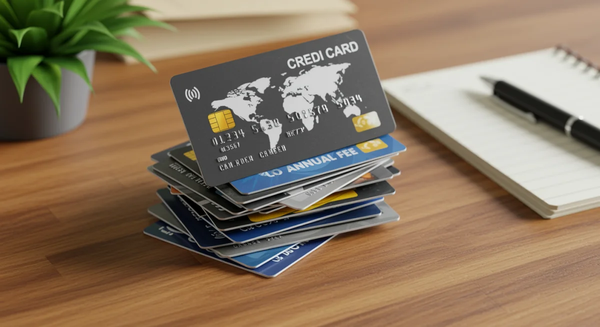 Pilha de cartões de crédito sobre uma mesa de madeira, simbolizando opções de escolha e planejamento financeiro.