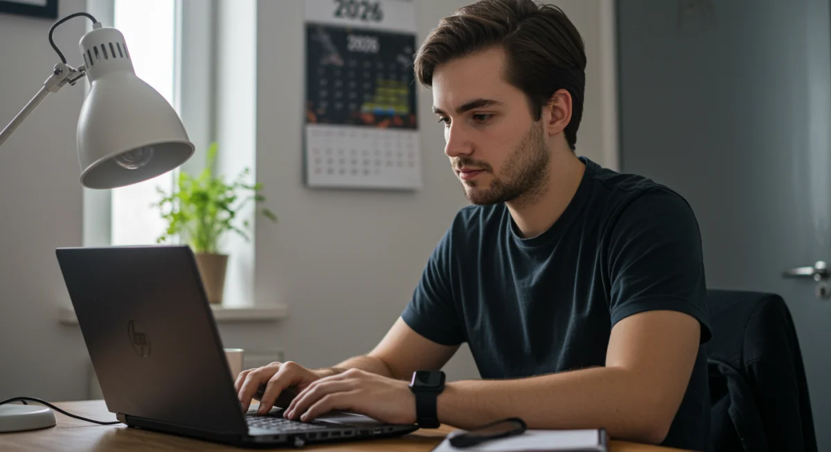 Pessoa realizando pagamento online em notebook com calendário de 2026, focando em planejamento financeiro futuro.