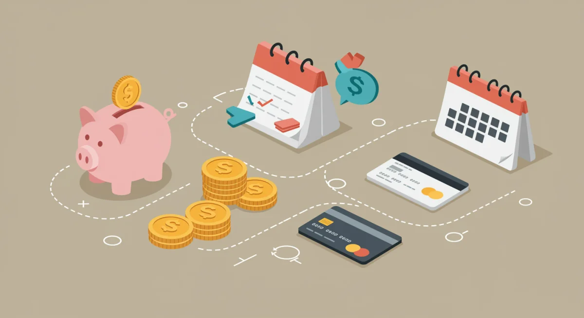 Ilustração de elementos financeiros interconectados, como cofrinho, moedas e cartões de crédito.