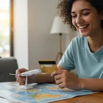 Pessoa planejando uma viagem gratuita com cartão de crédito e milhas aéreas.