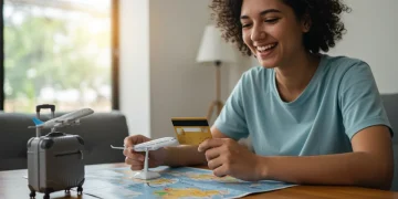 Pessoa planejando uma viagem gratuita com cartão de crédito e milhas aéreas.