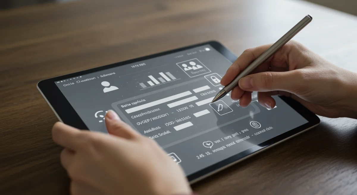Mão preenchendo formulário online em tablet, com campos de dados pessoais e financeiros, simbolizando a atualização cadastral digital.