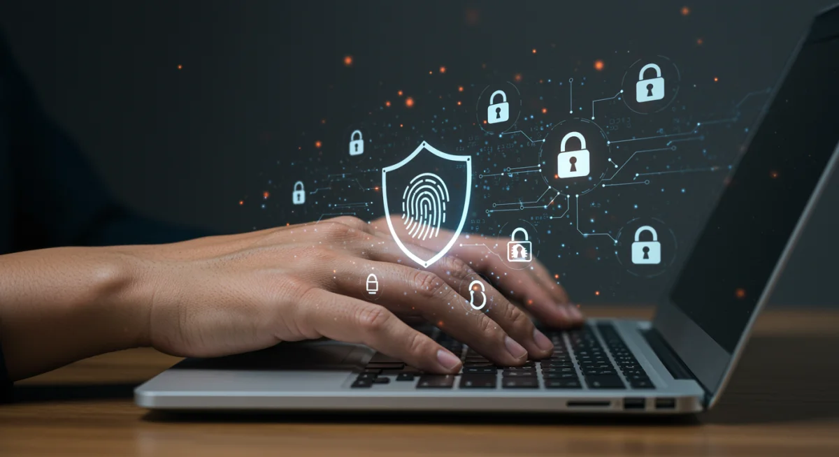 Mão digitando em notebook com ícones de segurança digital, ilustrando a prevenção de fraudes online.