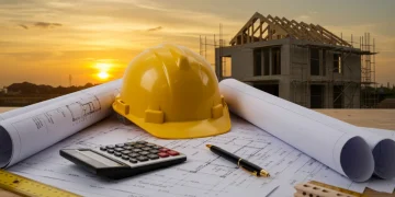 Projetos de arquitetura e capacete em mesa de canteiro de obras, simbolizando financiamento e planejamento de construção.