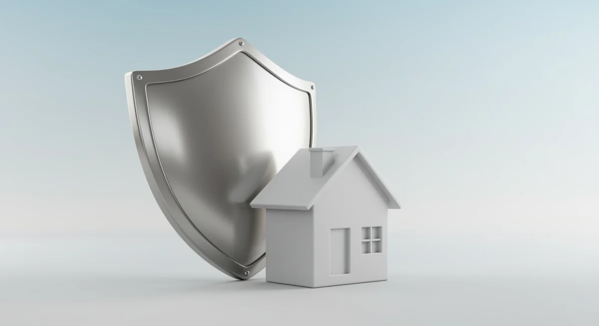 Um escudo protegendo uma casa, simbolizando a segurança financeira e a proteção contra fraudes em financiamento imobiliário.