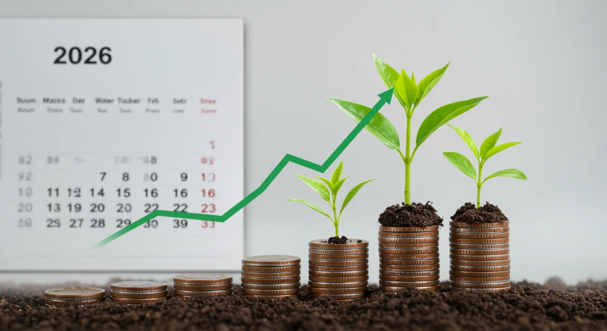 Gráfico de recuperação financeira após negociação de dívida, com moedas e planta.