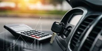 Painel de carro com chave na ignição, simbolizando refinanciamento e planejamento financeiro com veículo.