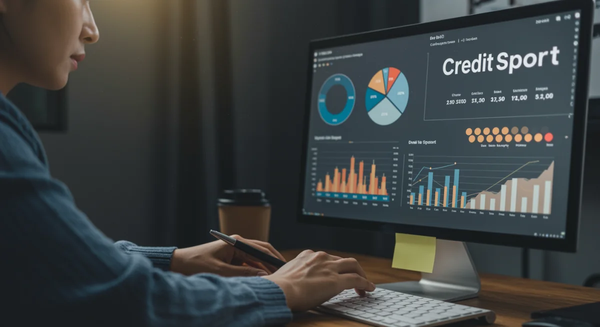 Pessoa analisando um relatório detalhado de score de crédito em um computador, com indicadores de boa saúde financeira.