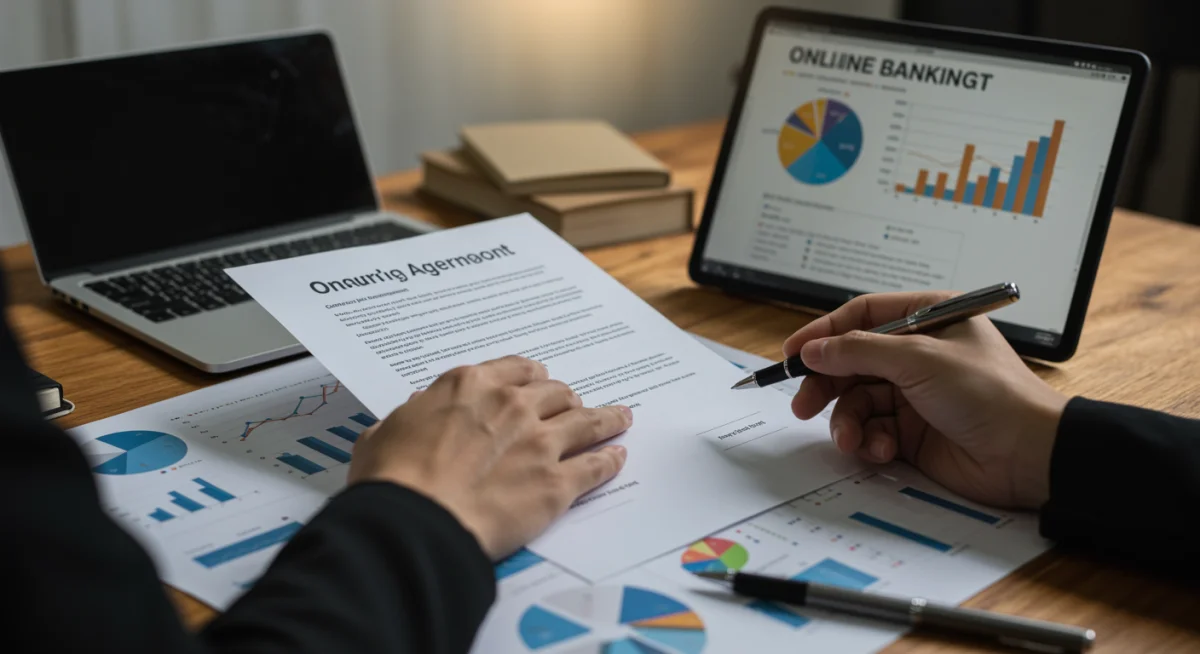 Pessoa revisando contrato com caneta, cercada por gráficos financeiros e tablet, indicando gestão digital de acordo de financiamento.