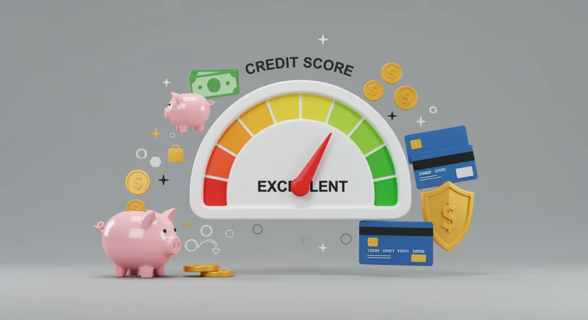 Infográfico de medidor de score de crédito indicando 'Excelente', com elementos de estabilidade financeira.