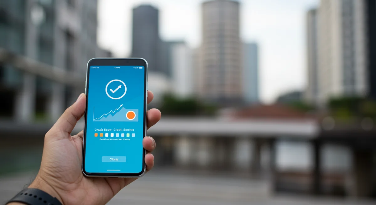 Mão segurando um smartphone com aplicativo de banco exibindo um score de crédito positivo, com fundo de cidade moderna.