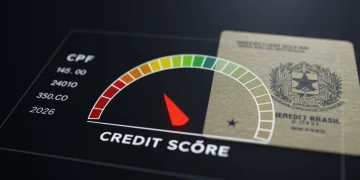 Medidor de score de crédito digital com pontuação alta e documento CPF, representando a saúde financeira em 2026.