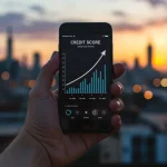 Mão segurando smartphone com gráfico de score de crédito ascendente e cidade ao fundo