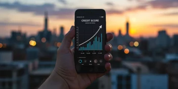 Mão segurando smartphone com gráfico de score de crédito ascendente e cidade ao fundo
