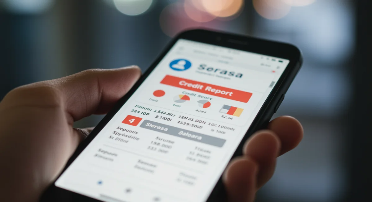 Mão segurando smartphone com aplicativo exibindo score de crédito Serasa, indicando uma pontuação alta e saúde financeira.