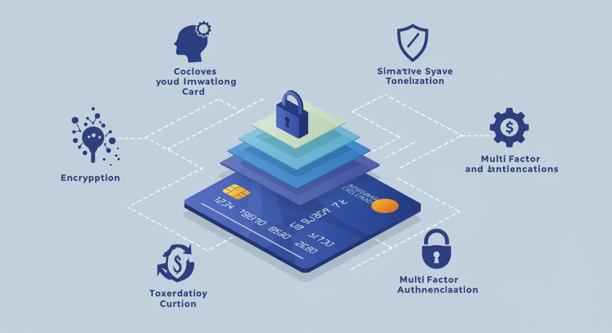 Infográfico com camadas de segurança para cartão de crédito virtual, como criptografia e tokenização.