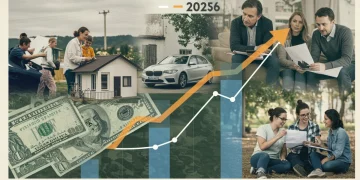 Gráfico da taxa Selic subindo, impactando financiamentos imobiliários, veiculares e pessoais em 2026.