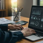 Pessoa simulando e comparando financiamentos online em um notebook com gráficos financeiros.