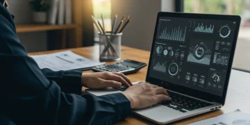 Pessoa simulando e comparando financiamentos online em um notebook com gráficos financeiros.