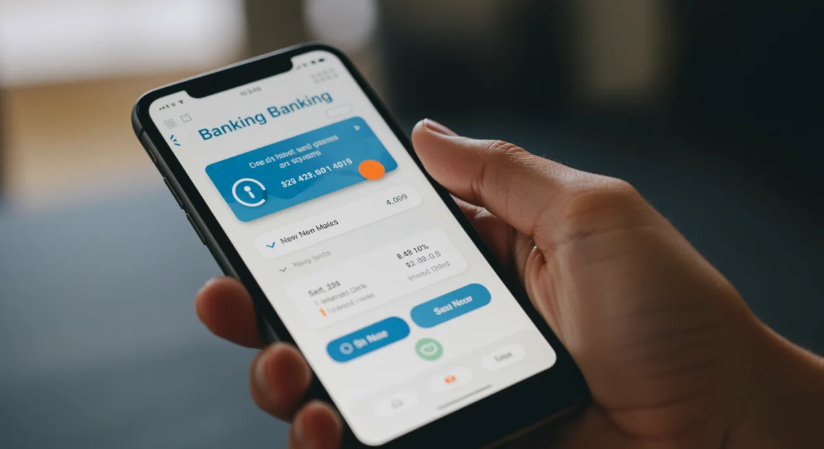 Mão segurando smartphone com aplicativo bancário exibindo novas regras de cartão de crédito.