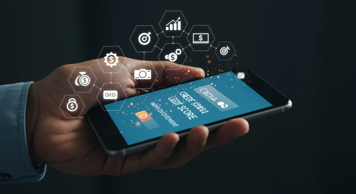 Mão segurando smartphone com aplicativo de score de crédito, simbolizando melhoria e monitoramento financeiro.