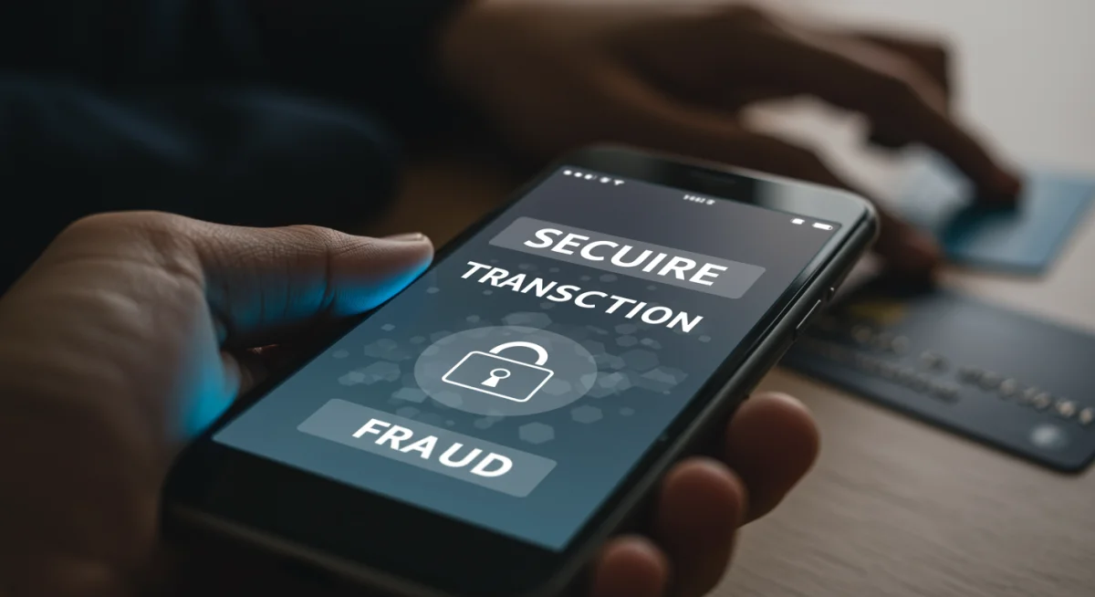 Notificação de transação segura em smartphone com cartão de crédito ao fundo