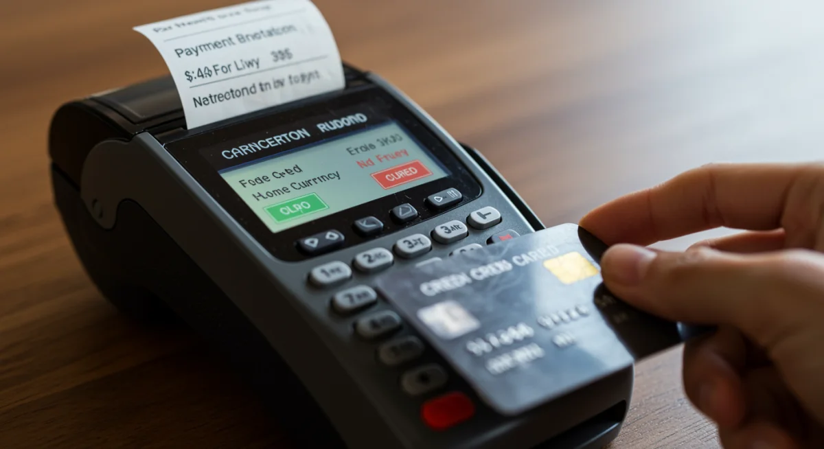 Transação com cartão de crédito em moeda estrangeira em um terminal POS.