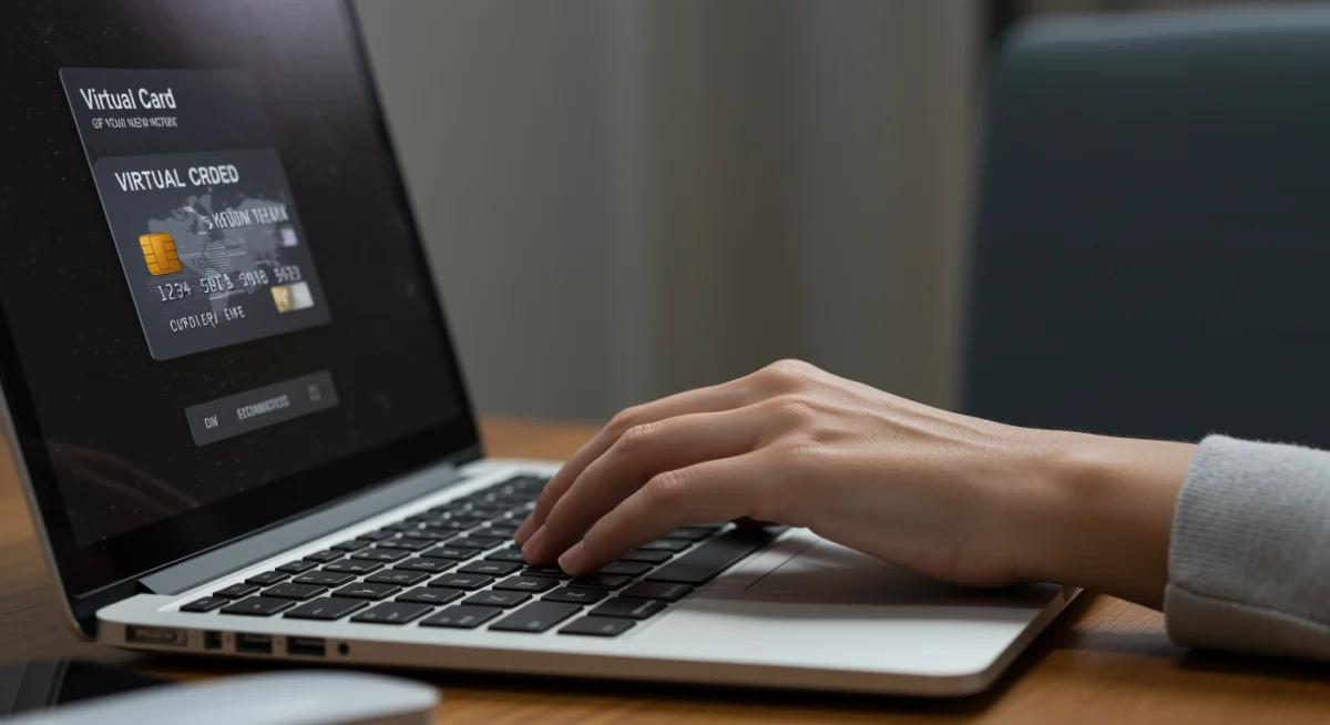 Mão digitando em teclado de notebook, com número de cartão virtual na tela para compra online.