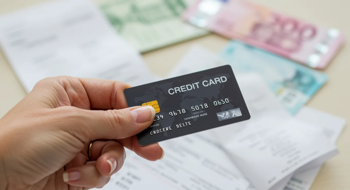 Mão segurando cartão de crédito sobre contas e documentos financeiros